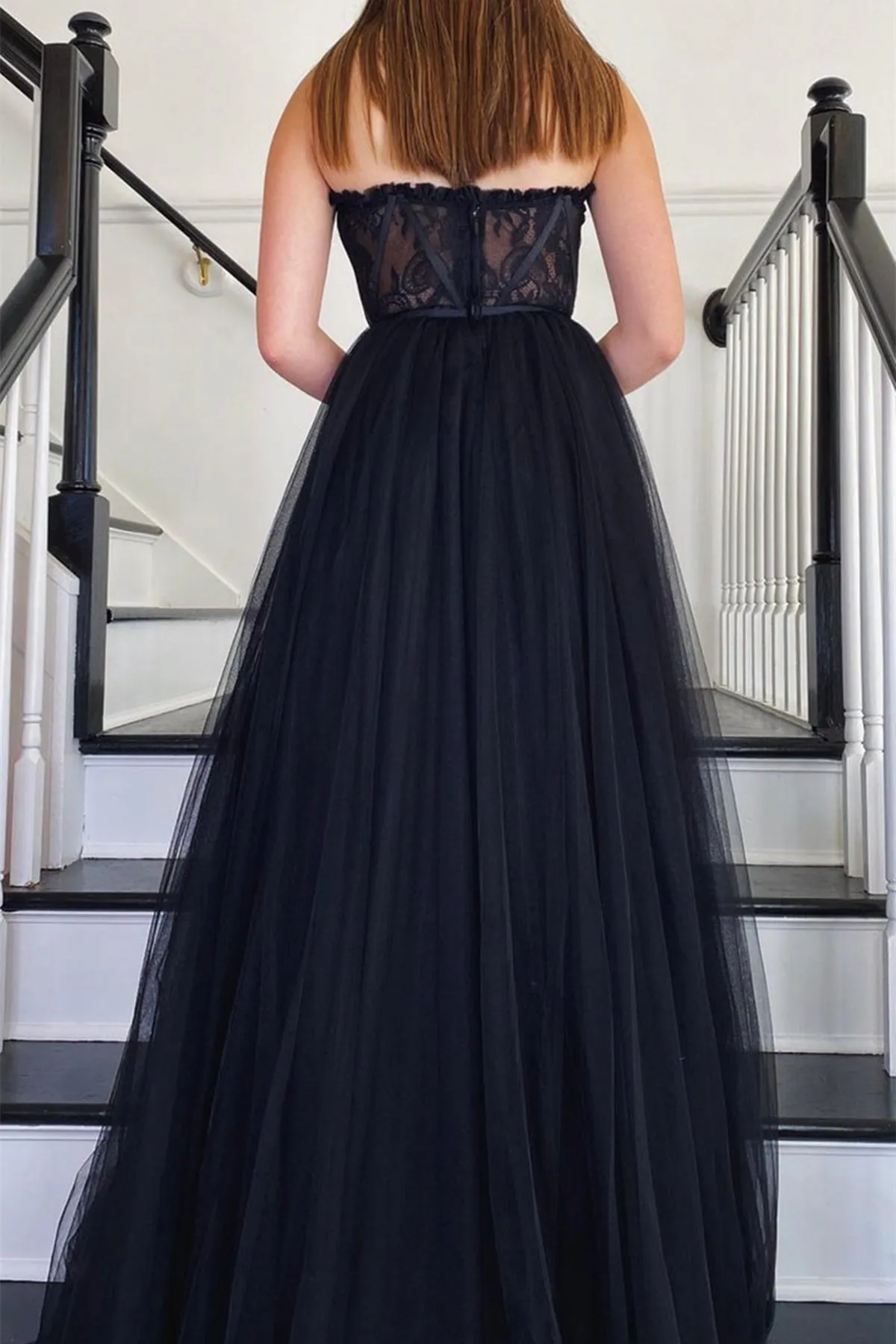 Strapless Black Lace Tulle Long Prom Dress, Black Lace Formal Dress, Black Evening Dress A1685