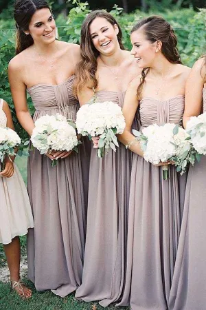 Strapless Floor-Length Grey Chiffon Bridesmaid Dress with Ruched BD029