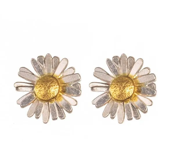 Tiny Daisy Stud Earrings in Sterling Silver and Gold