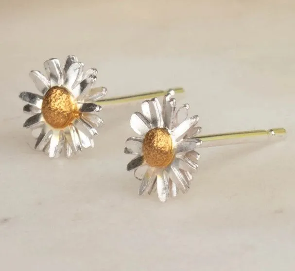 Tiny Daisy Stud Earrings in Sterling Silver and Gold