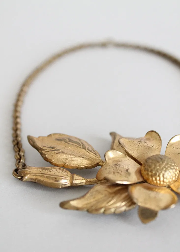 Vintage 1940s Brass Flower Choker Necklace