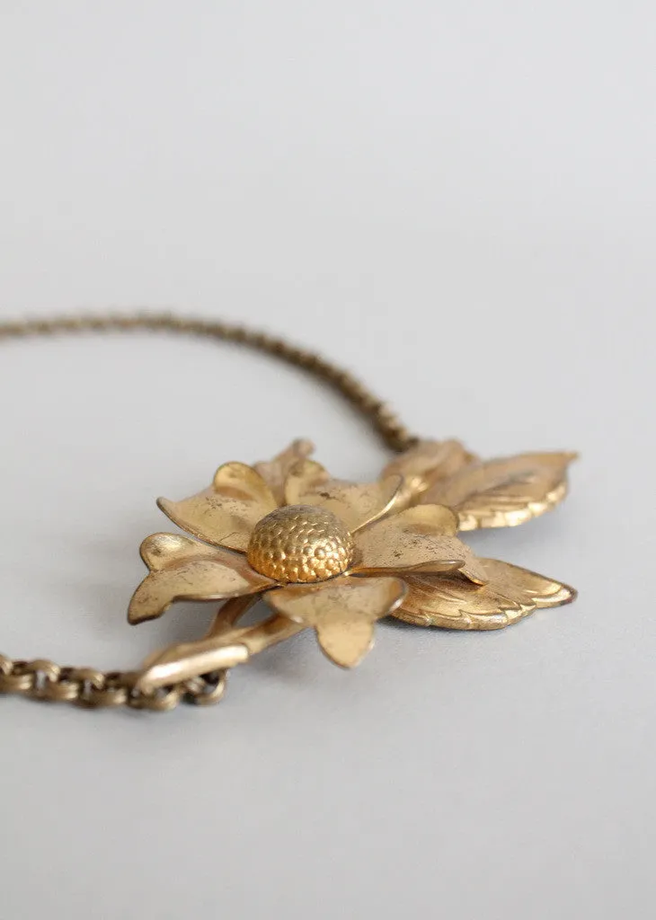 Vintage 1940s Brass Flower Choker Necklace