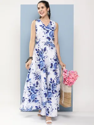 White & Blue Printed Long Dress With Waist Belt