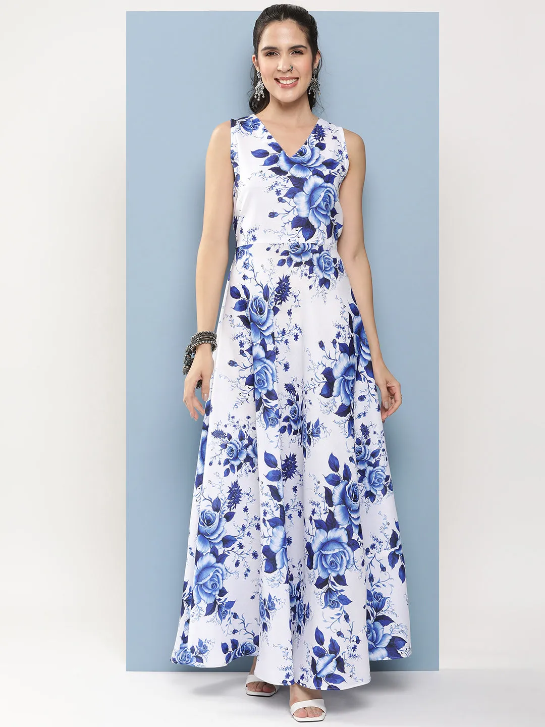 White & Blue Printed Long Dress With Waist Belt