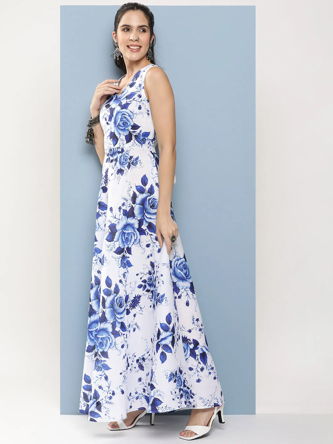 White & Blue Printed Long Dress With Waist Belt