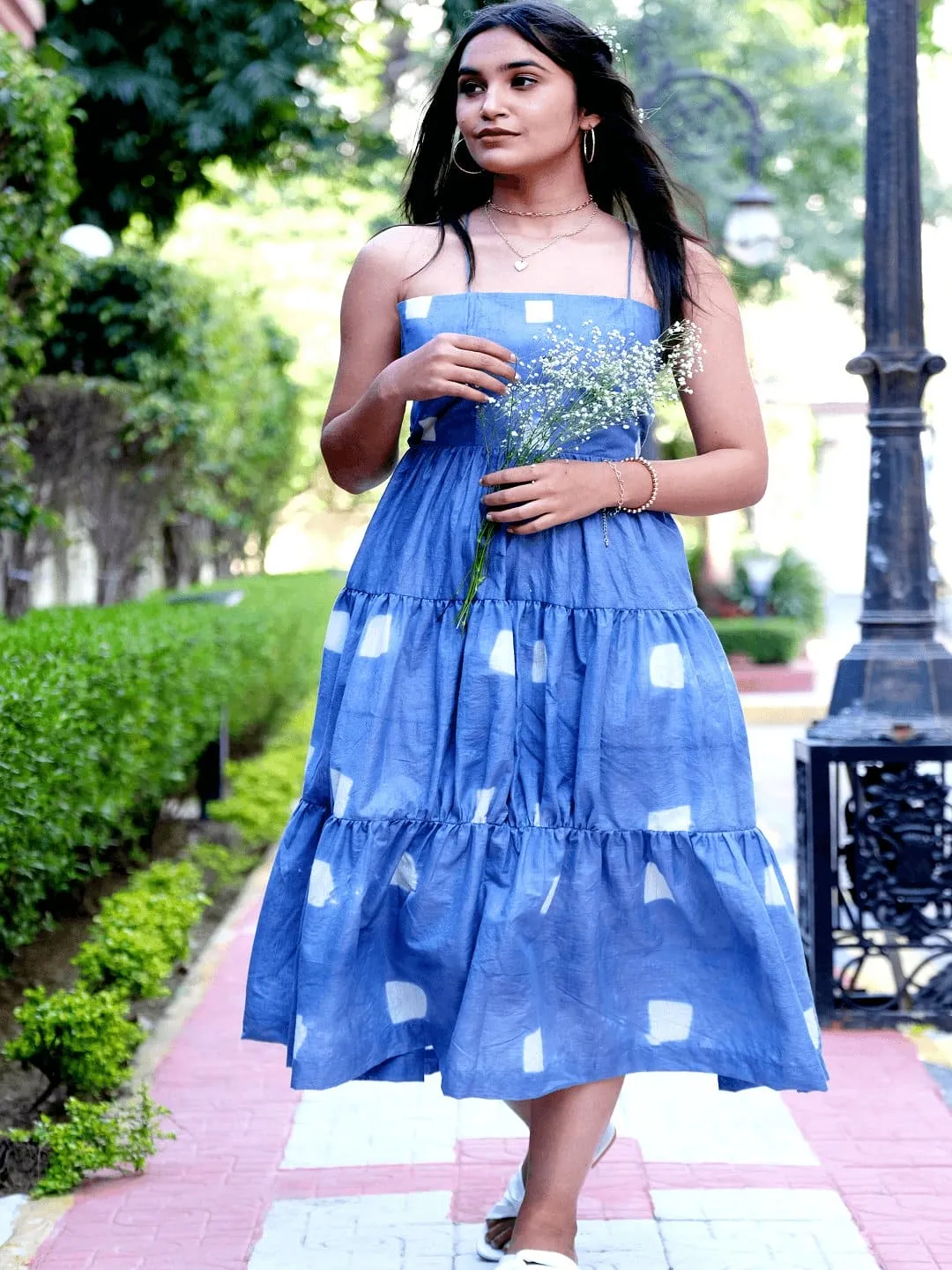 Women Blue Clamp Dye Dress