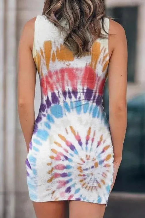 Women Summer Sleeveless Bodycon Tank Dress Tie Dye Cut Out Club Party Mini Dress