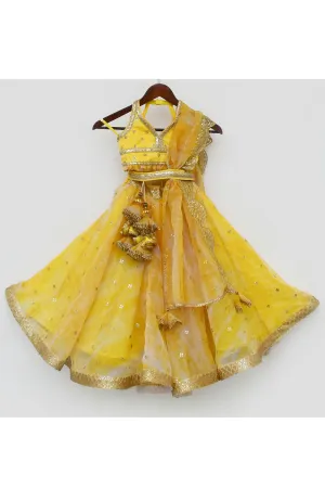 Yellow Sequins Embroidered Halter Neck Top With Lehenga Set