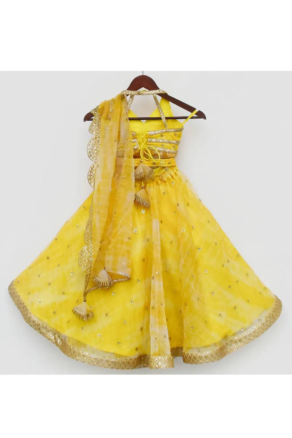 Yellow Sequins Embroidered Halter Neck Top With Lehenga Set